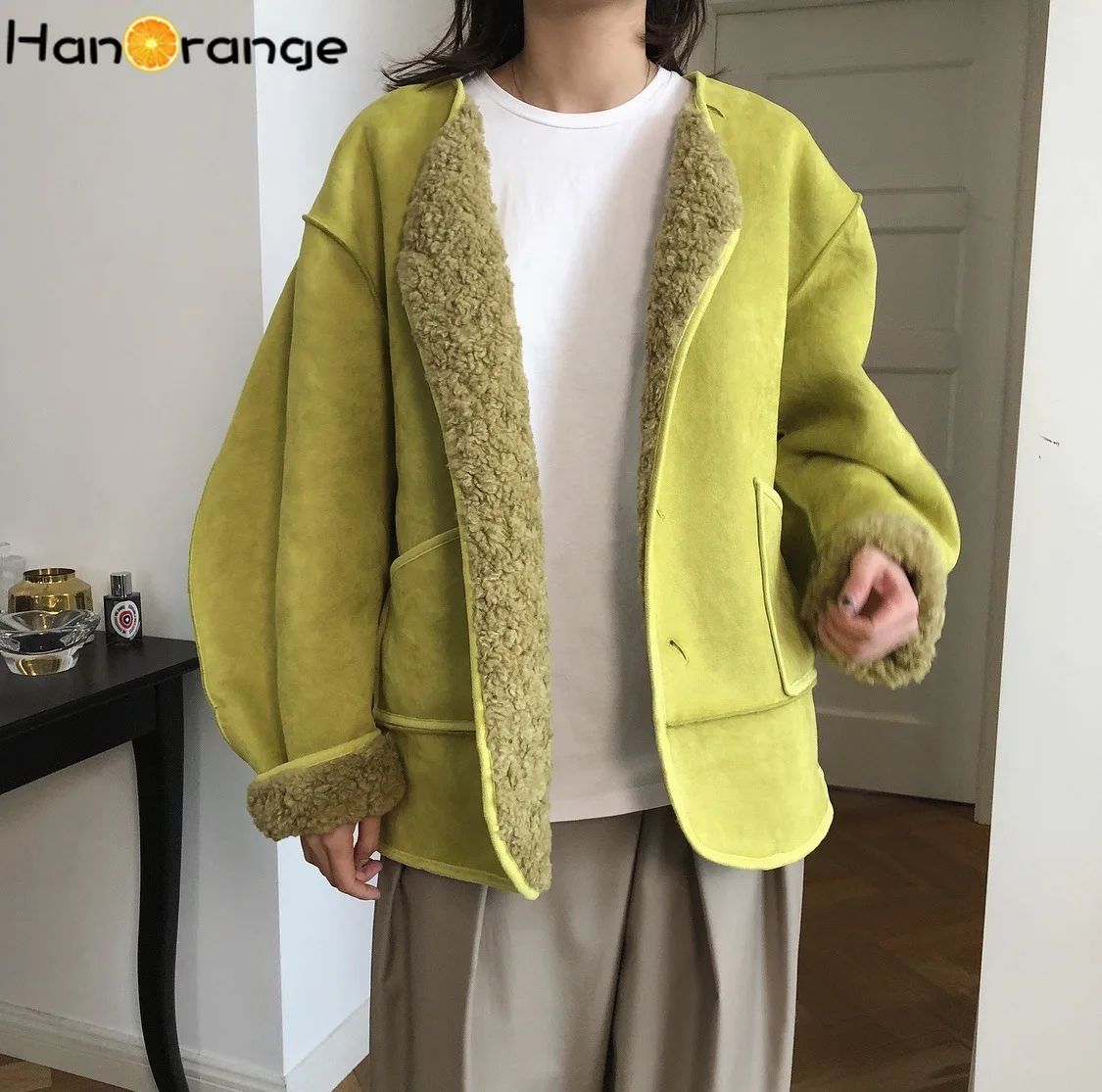 Winter Women Fashionable Soft Double-Sided Wearable Lambswool Coat Loose Padded Cocoon Wool Coat