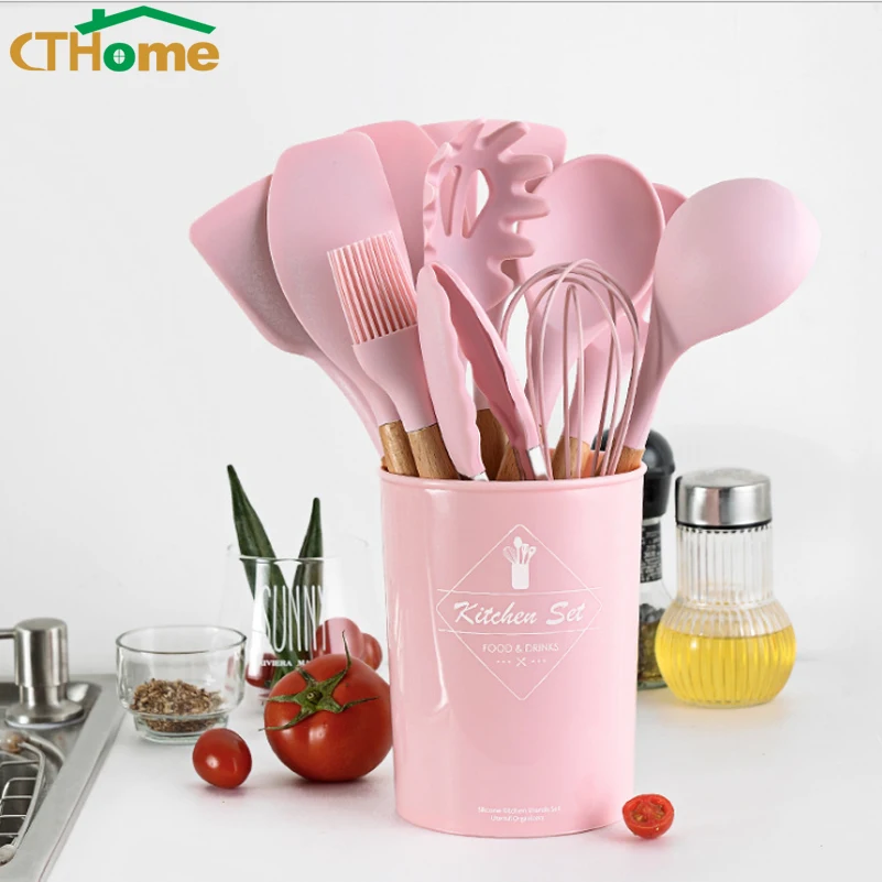 

CTHome Silicone Cooking Utensils Wooden Handle Non-Stick Spatula Spoon Turner Soup Ladle Whisk Kitchen Cooking Tools Gadget