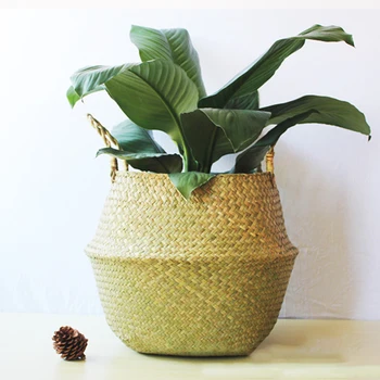 

Storage Baskets Wicker Rattan Seagrass Belly Garden Flower Pot Planter Basket Foldable Handmade Bamboo Laundry Straw Patchwork