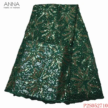 

Anna green embroidered nigerian lace french sequin fabric 2020 high quality african mesh laces fabrics 5 yards/piece for dresses
