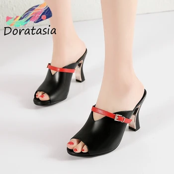 

DORATASIA Brand Genuine Leather Female Pumps Round Toe Buckle High Heels Mules Women Slip On Peep Toe Summer Shoes Woman