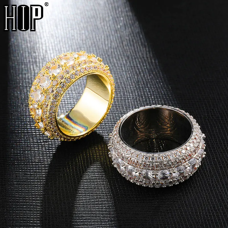 

Hip Hop 5 Row Tennis Iced Out Bling Full CZ Charm Tready Copper Cubic Zircon Ring For Men Jewelry Gold Silver Size 8-11