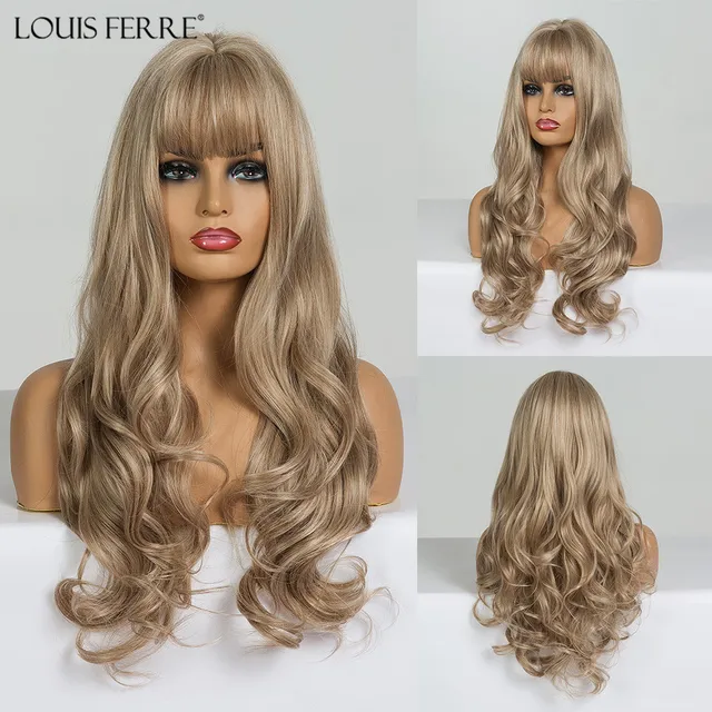 LOUIS FERRE Highlight Colored Wig for Women Long Wave Brown Blonde Ombre Bob Hair Wig with Bangs Daily Heat Resistant Fibre wig lc229-1