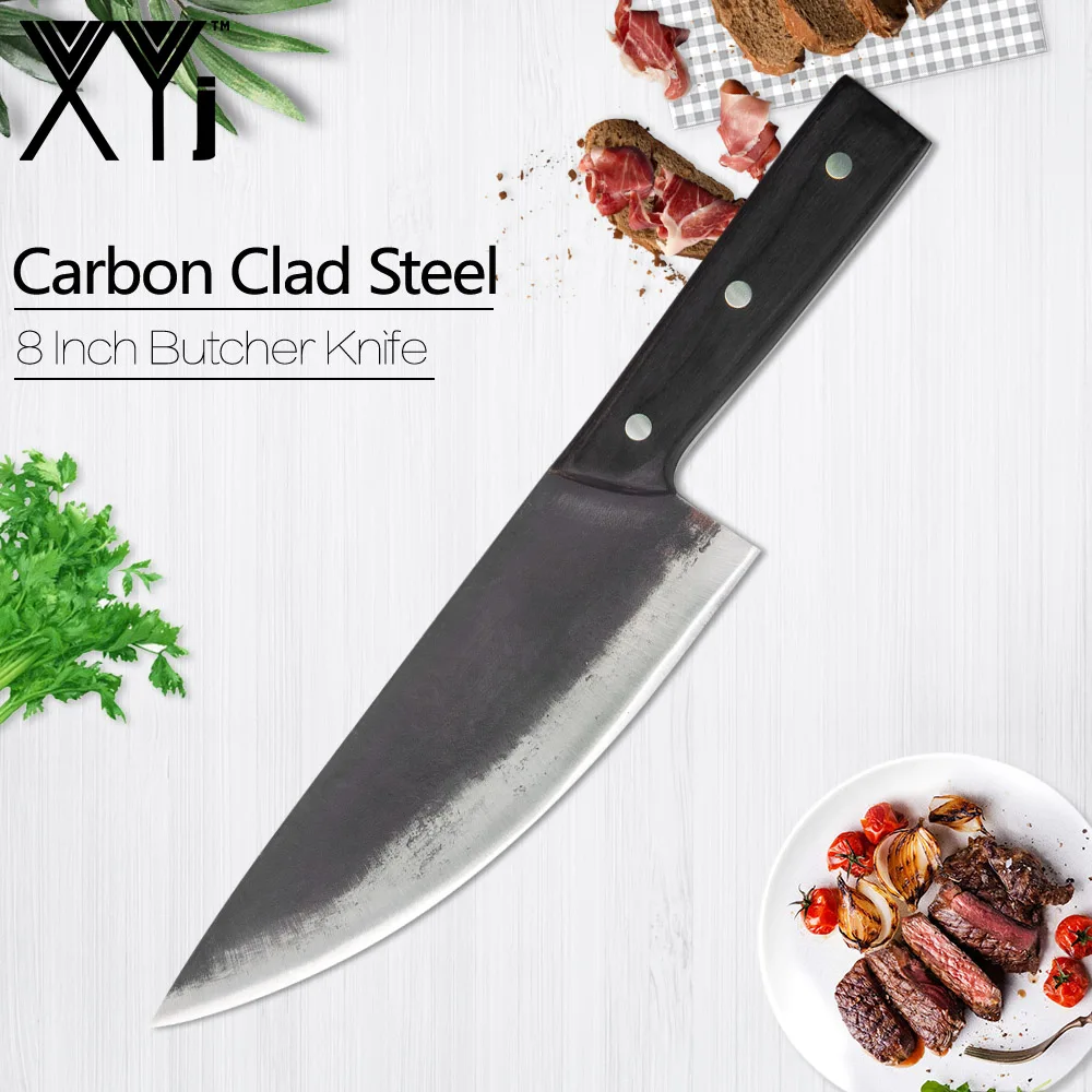 

XYj Handmade Forged High Carbon Chef Knife 8'' Clad Steel Kitchen Chopping Cleaver Knife Meat Fish Cooking Accessory Tool