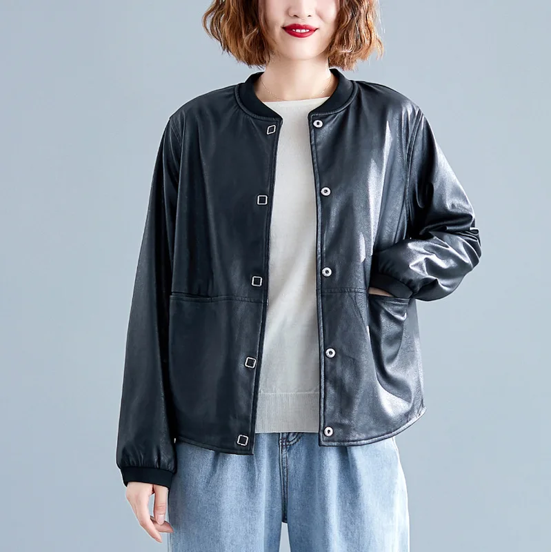 

Western Style by Age Solid Color Leather Coat Women's Long-Sleeve 2019 New Style Autumn Clothing Crew Neck Cardigan Short Jacket