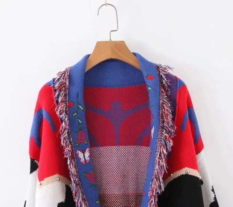 CHICEVER Patchwork Tassel Hit Color Sweaters Women Lapel Collar Long Sleeve Cardigans Loose Sweater Female Autumn Winter
