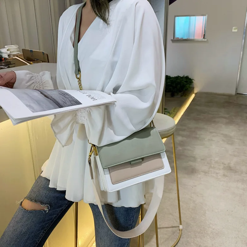 

Solid color splice organ bag 2019 new fashion one shoulder oblique shoulder collision color simple square bag women's bag