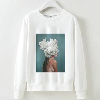 

New 2019 Hoodies Sweatshirt Autumn Winter Hoodie Long-Sleeved Fleece KPOP Vogue Harajuku Flower Feather Print Pullovers Women