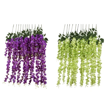 

Promotion! 12 Pcs Artificial Silk Wisteria Vine Ratta Silk Hanging Flower Wedding Decor,6 Pcs Green & 6 Pcs Purple