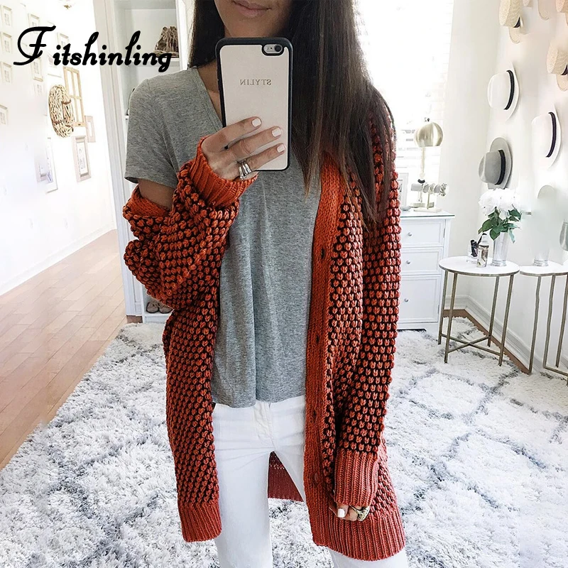 

Fitshinling 2019 Boho Plaid Long Cardigan Knitwear Slim Buttons Up Orange Knitted Jacket Female Winter Sweaters Cardigans Women