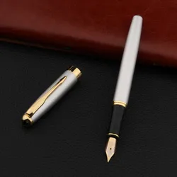 Elegant Black and Gold Fountain Pen - Premium Quality Stationery Gift - Bend Nib (Silver)