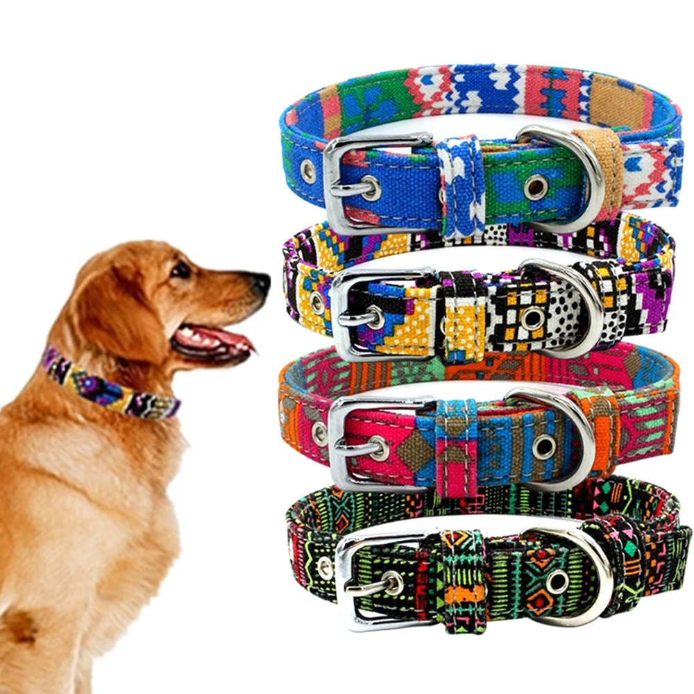 

1Pc Dog Collar Strong Durable Double Canvas Pet Collar Adjustable Bohemian Style Printed for Shiba Inu Husky Poodle Papillon