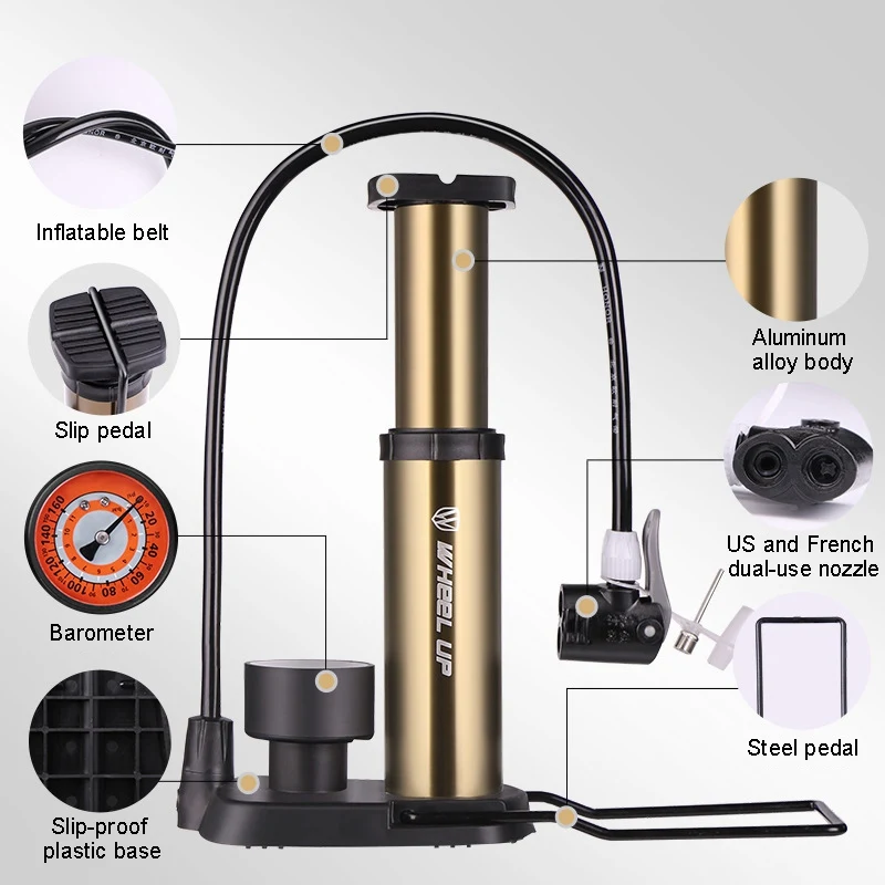 

Outdoor Guge Aluminum Alloy Foot Pedal Portable Floor Air Inflator External Hose Fits Presta Schrader Bicycle Pump Inflator