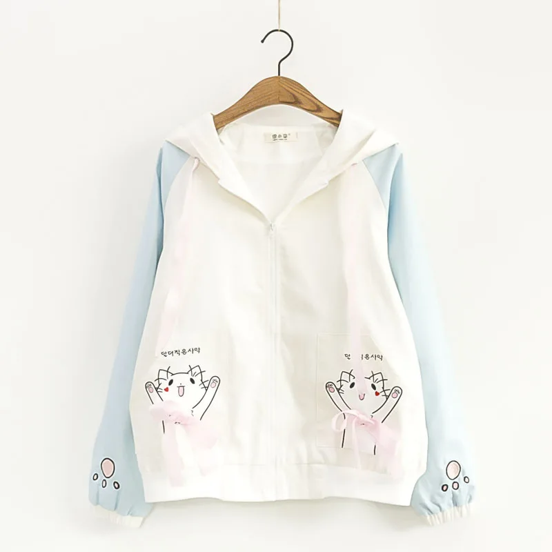 

Japanese-style Hipster Contrast Color Cat Bow Hooded Jacket Coat Tops WOMEN'S Dress 31526