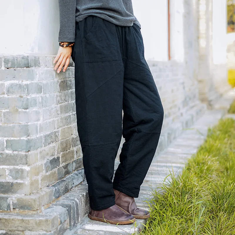 Women Autumn Winter Patchwork Elastic Waist Pants Ladies Vintage Spliced Retro Pants Female Cotton Linen Trousers