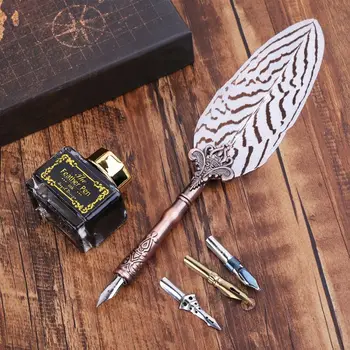 

Vintage Feather Quill Dip Pen Fountain Pens With Ink +3 Nibs Set Stationery Gift