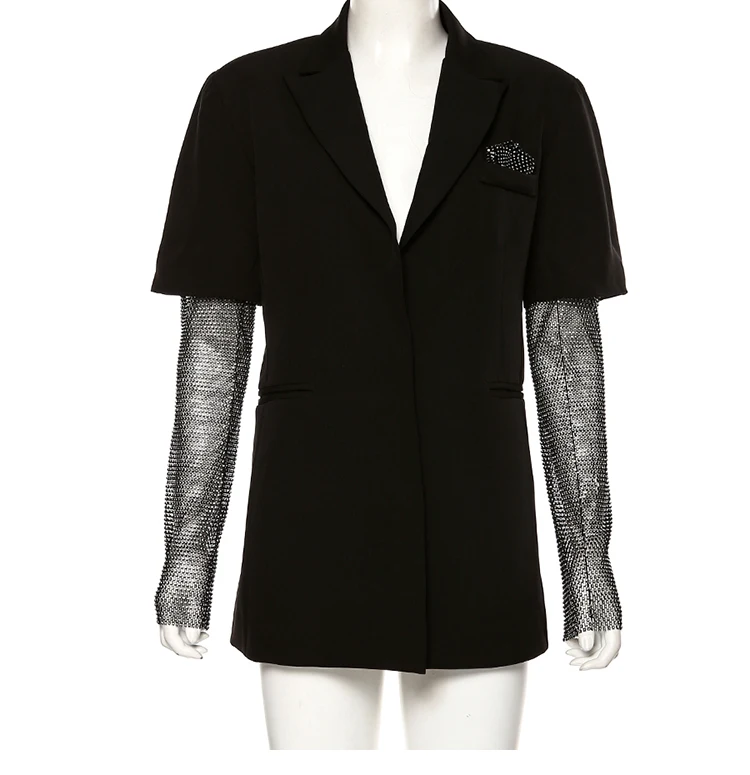Новинка года, офисное пальто черного цвета в стиле пэчворк с кристаллами и длинными рукавами, деловая шикарная женская верхняя одежда, куртка