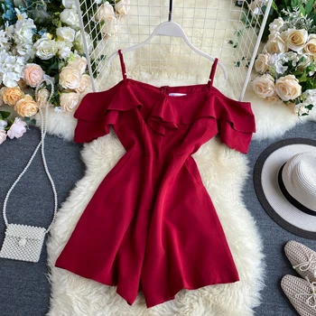 

FMFSSOM Summer Spring Solid Ruffles Spaghetti Strap A-line High Waist Loose Women Female Women Playsuits