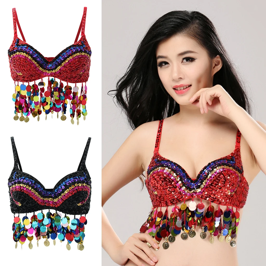 Glitter Tribal Belly Dance Bra Top with Sequins Tassels Dancing Costume
