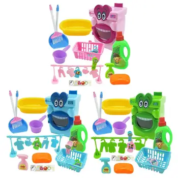 

17 PCS Cartoon Big Mouth Washing Machine Toy Set Cute Cleaning Appliance Simulation Furniture Toys Children Pretend House Toy