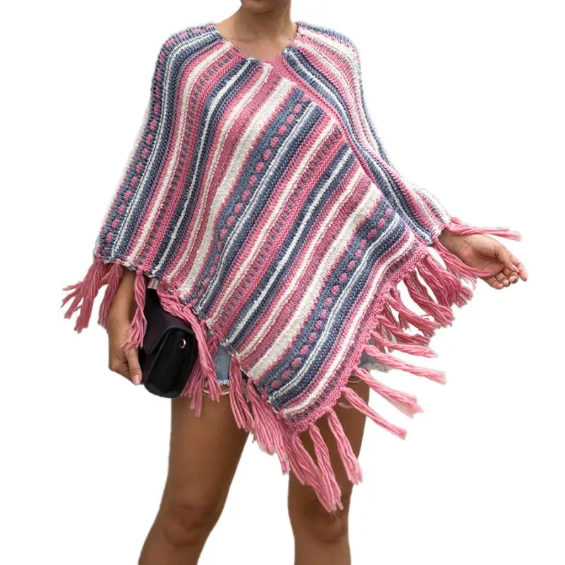 P Пончо Накидки для женщин зимние теплые Boho полосатые шали с кисточками Вязаная кашемировая шаль модный элегантный свитер - Цвет: P