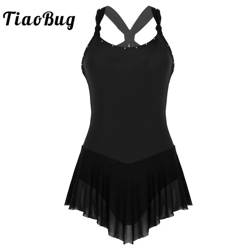 

TiaoBug Adult Sleeveless Criss-cross Back Rhinestones Ballet Gymnastics Leotard Women Figure Skating Dress Costume Dance Wear