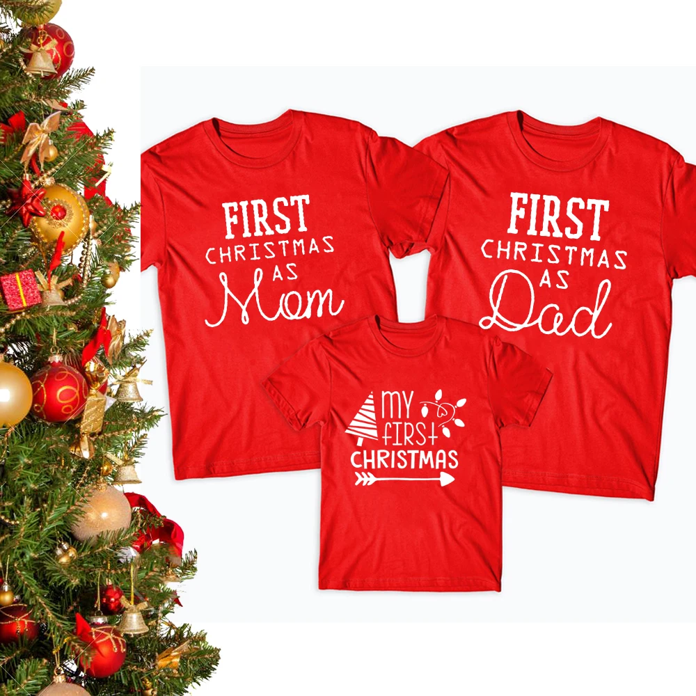 Family Matching Christmas-Tshirt Daddy Mommy Baby Red First Mom Dad Short 1pcs Funny