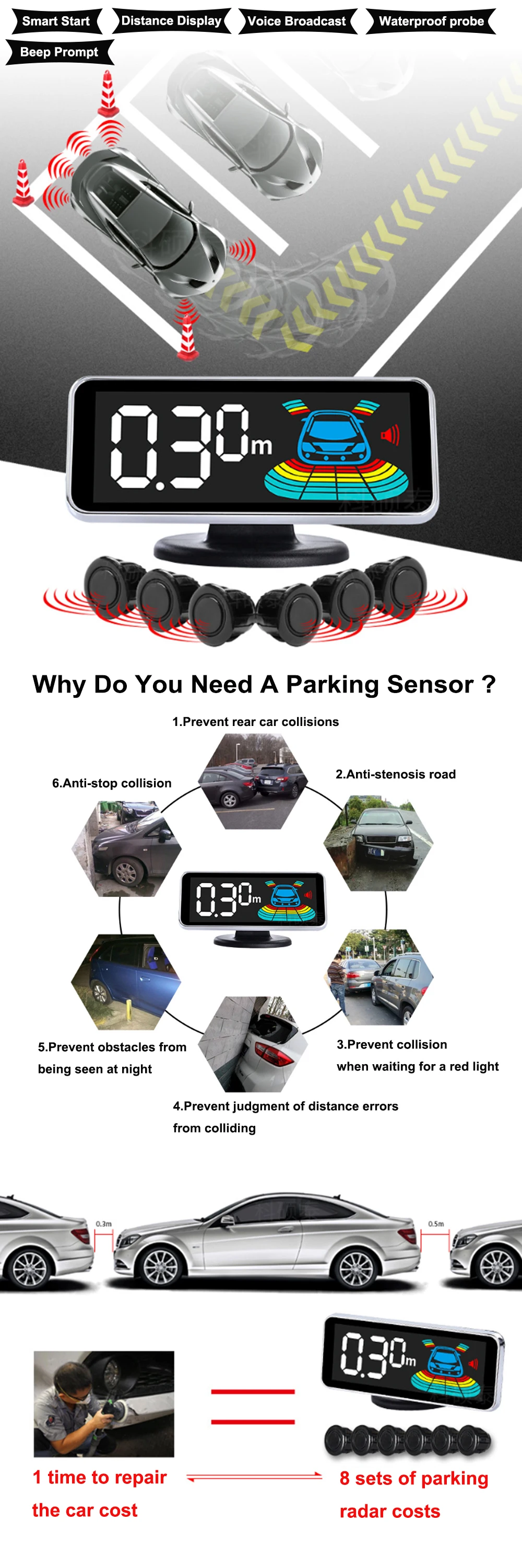 4 sensori Auto Parktronic LED Digital Parking Reverse Backup retroilluminazione Display parcheggio Auto sistema di rilevamento Radar di retromarcia - Hd791d64d228f4be7951b6f656186d6889