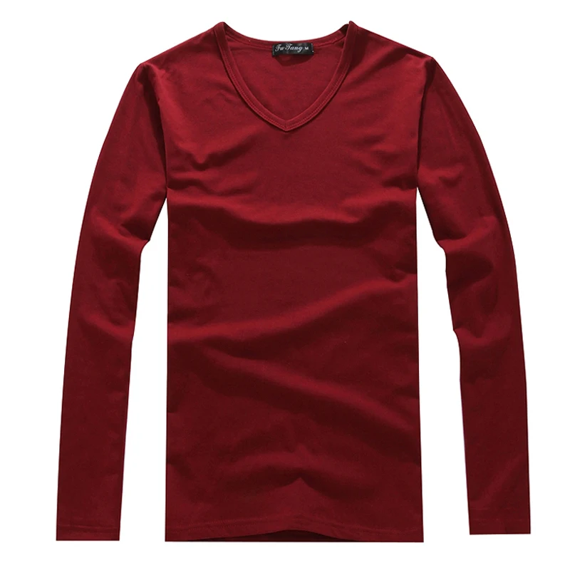 Wine red V Новые красивые мужские модные хлопковые однотонные тонкие футболки для отдыха с круглым вырезом и длинным рукавом/мужские повседневные футболки высокого качества - Color: Wine red V
