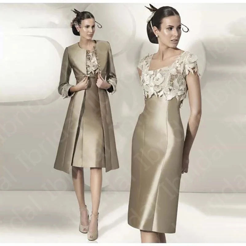 『Cheap!!!』- Exquisite Bronze Square Mother's Dresses Neckline Flowers
Short Sleeve Mother of the Bride Dresses With Jacket Wedding Party Gow