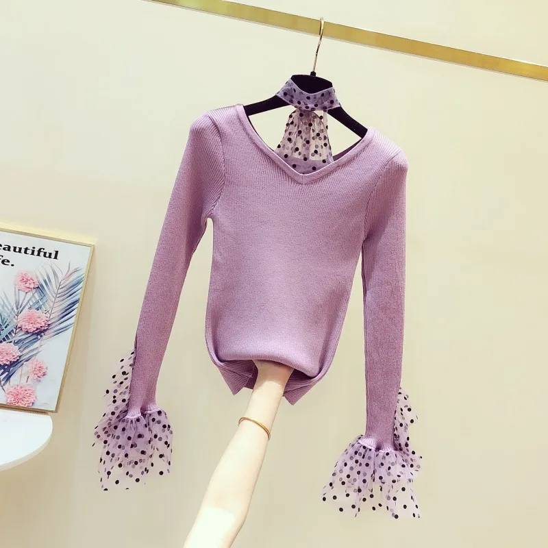 2020 Spring New Korean Style Women's Clothing Mesh Panel Sweater Long-Sleeve V-neck Top Temperament Sweaters Pull Femme Jumper