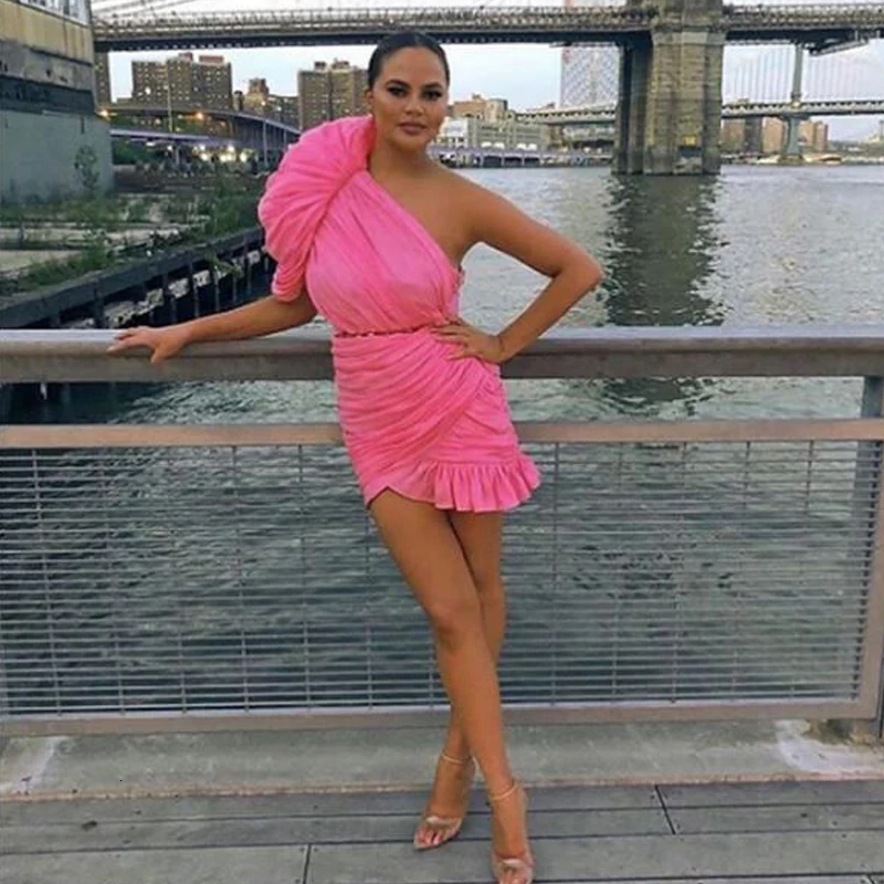 Slaygirl, весенне-летнее Сетчатое сексуальное платье, женские вечерние платья на одно плечо с рюшами, элегантное облегающее платье для ночного клуба, праздничное платье