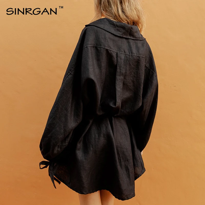 SINRGAN/черное платье с длинным рукавом для женщин; сезон весна-осень; платье в японском стиле; большие размеры; однотонное свободное платье из хлопка и льна