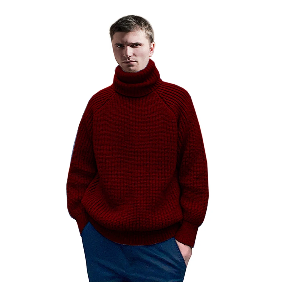 

European style Pure hand woven Thickened High neck Winter Sweater high-quality Pullover Sweater Red wine Super cool Sweater men