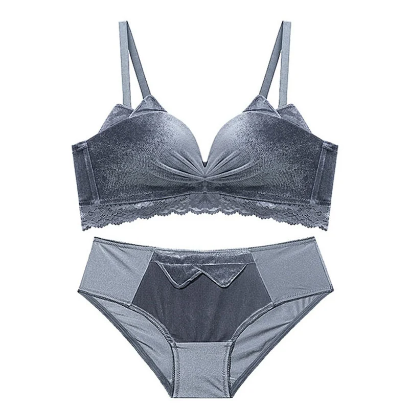Серый Sexy Ladies Women Push Up Bra Set Wire Free 1/2 Cup Smooth Lace Side Adjusted Simple Style Bra And Brief New Arrival - Цвет: Серый