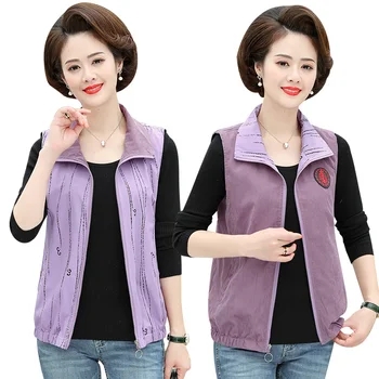 

2020 Autumn Women Cotton Basic Jacket Pocket Zipper Lapel Two Side Wear Stripe Print Outwear Loose Waistcoat Sleeveless Coat