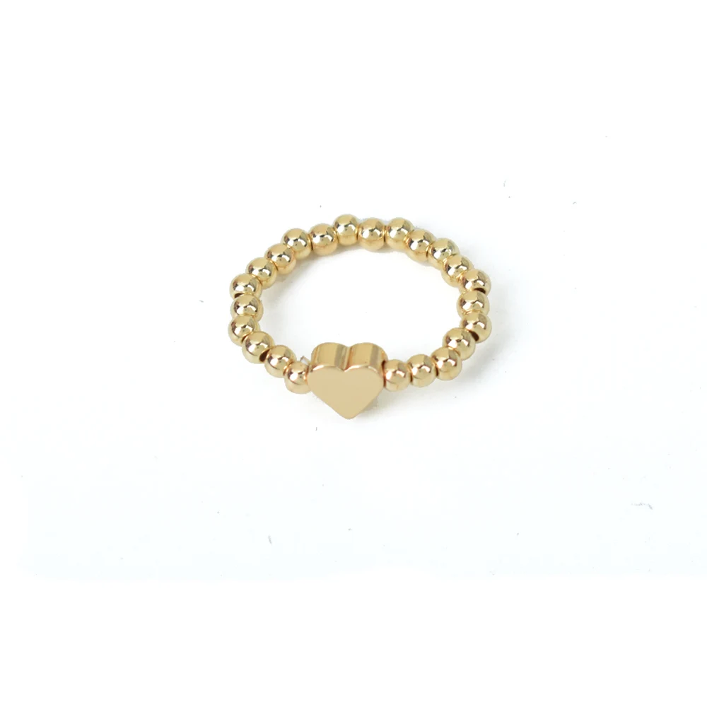 Korean Gold Color Bead Heart Rings For Women Handmade Elastic Ring Simple Adjustable Jewelry Wedding Party Gift