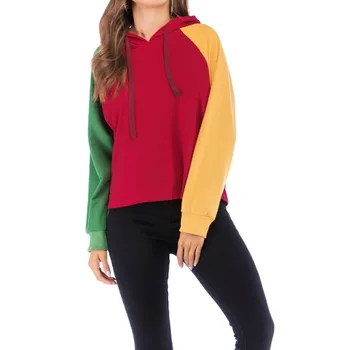 

Fashion Chic Color Patchwork Women Hoodies Simple Loose Long-sleeved Hooded Pullovers 2019