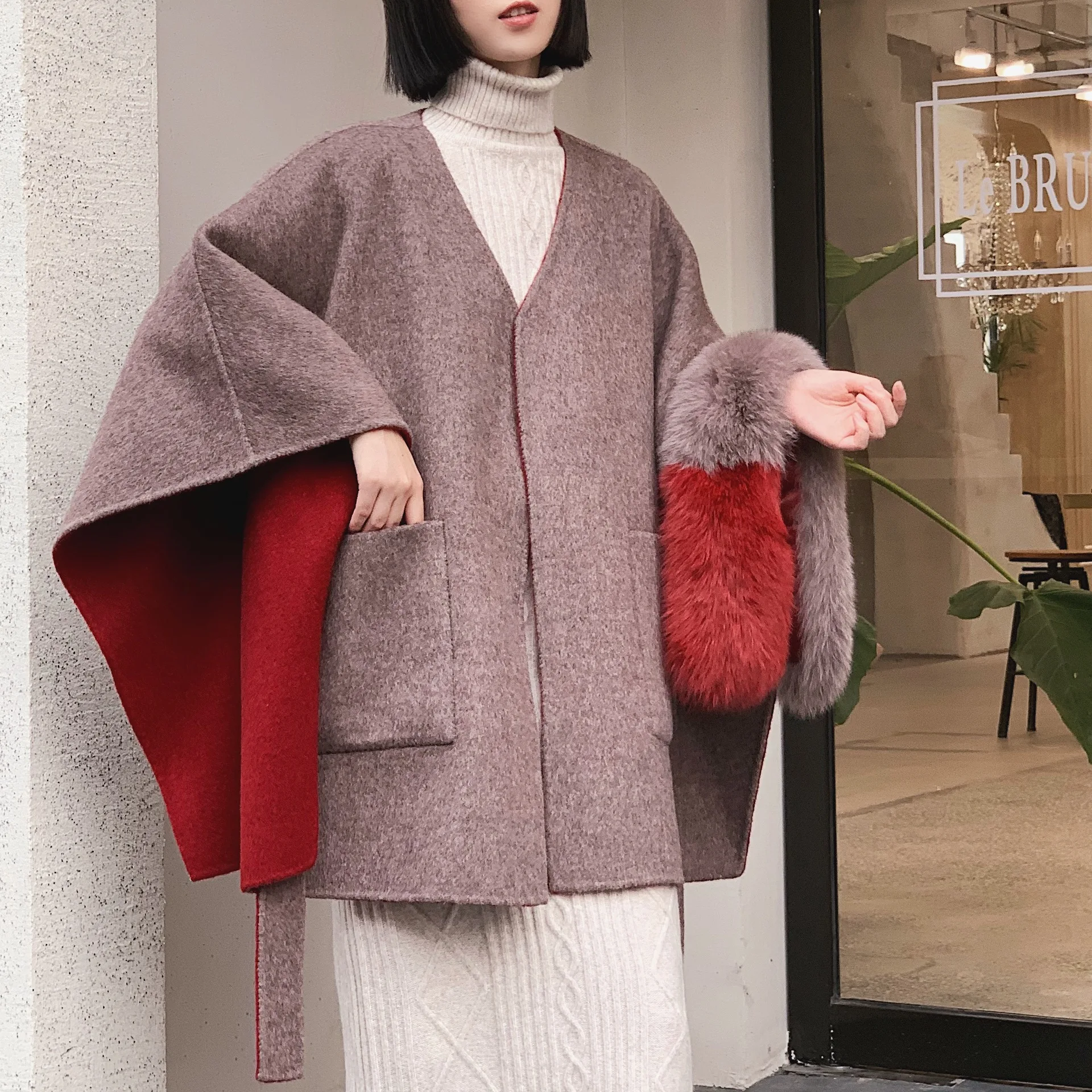 Шерстяное Женское зимнее пальто, свободная верхняя одежда, элегантное офисное Женское пальто, Воротник из натурального Лисьего меха, шарф, шерстяное пальто большого размера