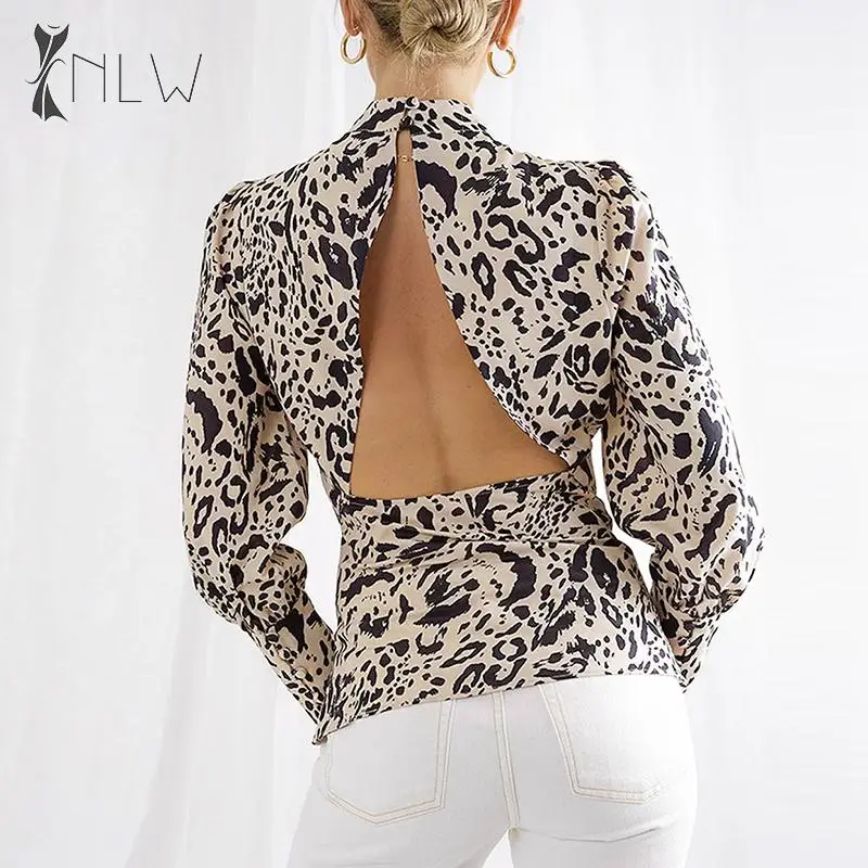 

NLW Leopard Print Backless Blouses and Tops Turtleneck Long Sleeve Slim Blouse Shirts 2019 Autumn Winter Fashion Tops Big Size