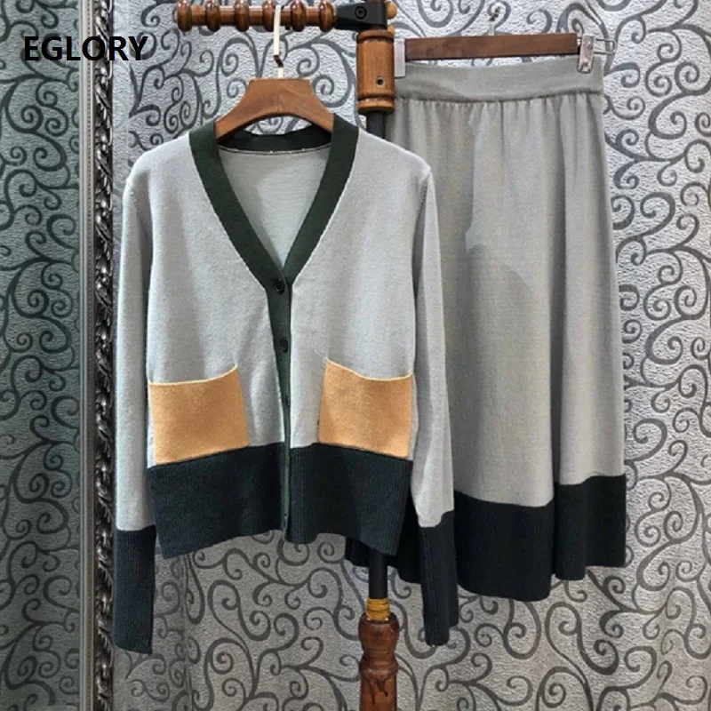 

High Quality Sweater Suits 2019 Autumn Winter Set Women Pocket Patchwork Cardigan Jacket+Mid-Calf Knitted Skirt Set Sweater 2 pc