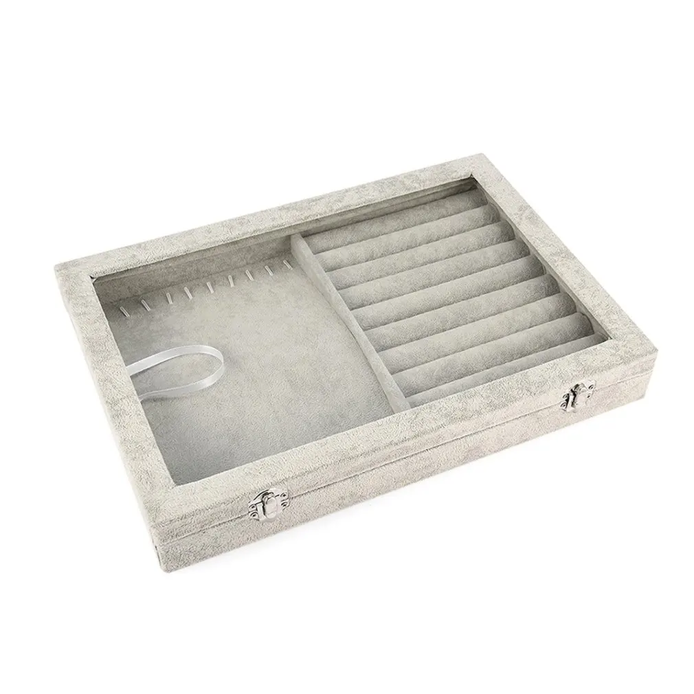 Ice Velvet Organizer With Transparent Acrylic Lid Jewelry Display Ring Necklace Storage Box 2-in-1 Tray Showcase - Цвет: Темно-серый