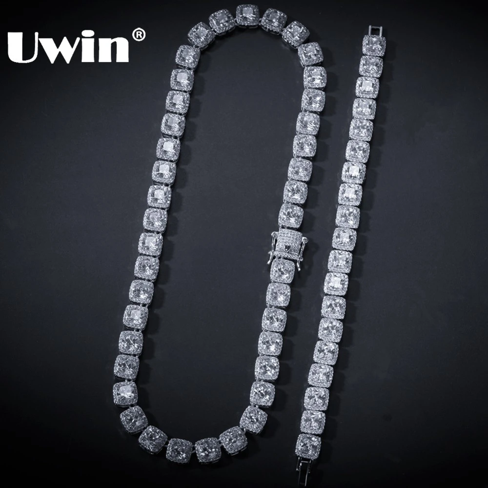 

UWIN 10mm Jewelry Set Gold/White Gold Bling Square Iced Link Chain Necklace & Bracelet Bundle Top Quality Hiphop Drop Shipping