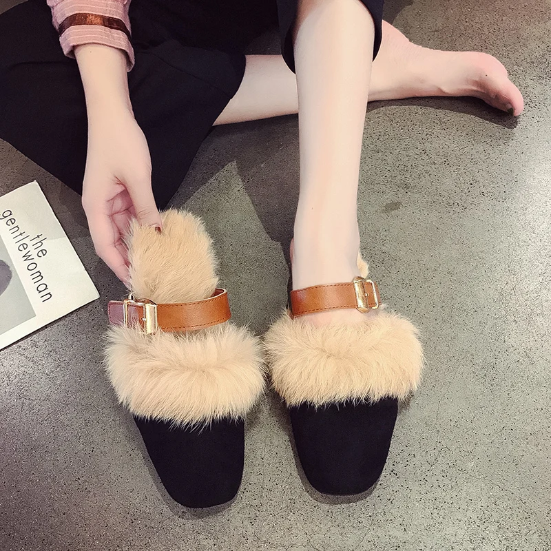 

Shoes Woman 2019 Mules Women Luxury Slides Socofy Flock Cover Toe Low Slippers Fur Designer Soft New Plush Hoof Heels PU Rubber