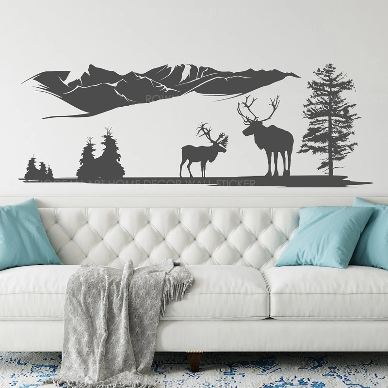 Deers & Mountain Настенная Наклейка натуральная на стену наклейка с сосновой деревом
