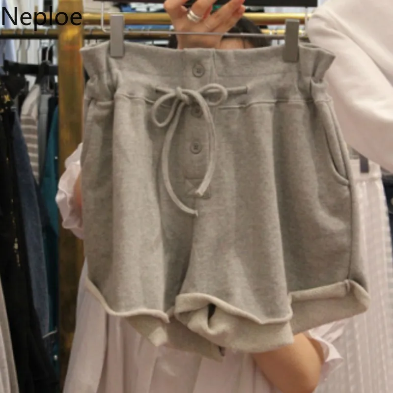 Neploe, однотонные, на завязках, женские шорты, лето, повседневные, высокая талия, пуговицы, короткие, женские, корейские, свободные, широкие, шорты, 45317