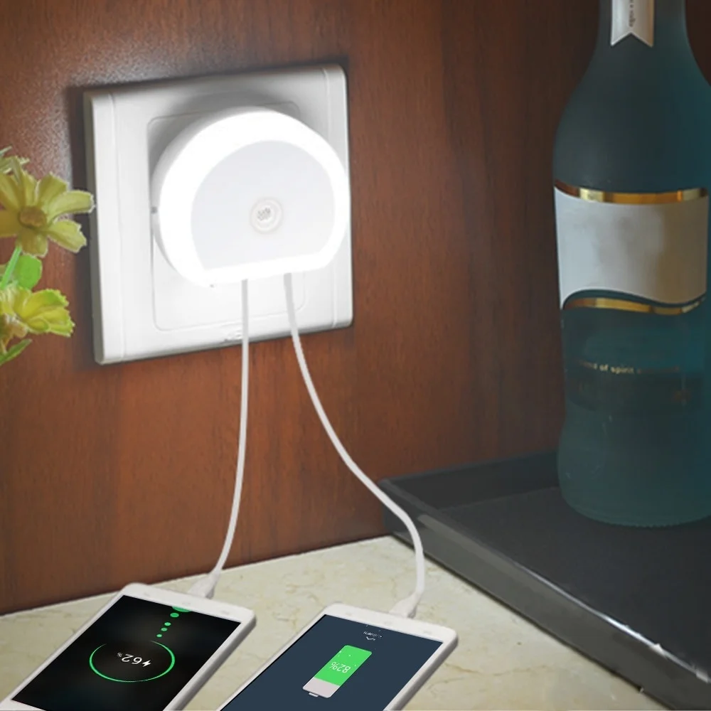 Светодиодный ночник с двойным USB портом датчиком управления освещением