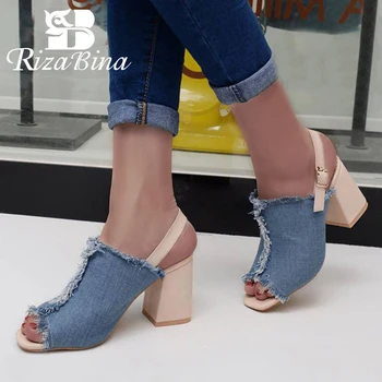 

RIZABINA New Arrival Women Sandals Shoes Fashion Buckle Peep Toe Shoes Women Square High Heels Patchwork Footwear Size 35-40