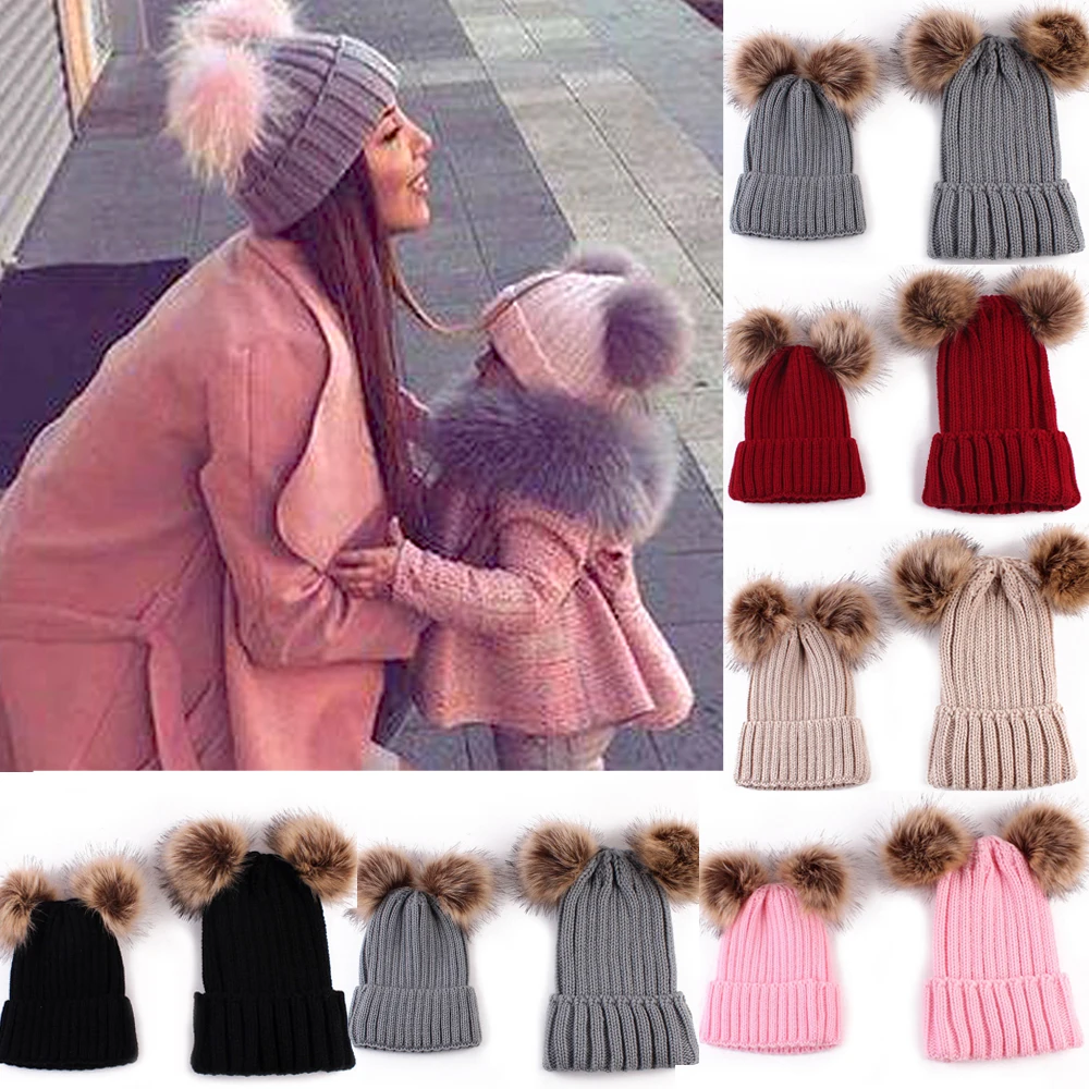 Милые детские шапки для девочек; теплая вязаная шапка для мамы и дочки; одинаковые детские шапки и кепки для всей семьи; зимняя детская вязаная шапочка для новорожденных