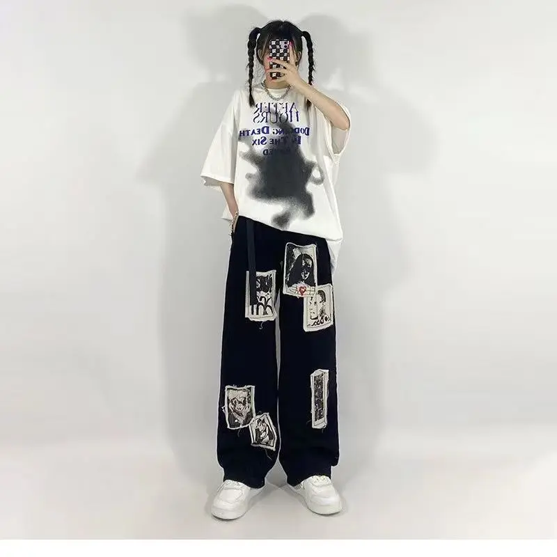 Jeans neri Patchwork Punk Grunge donna Hip Hop stampa Streetwear pantaloni  larghi Oversize pantaloni moda Vintage anni '90|Jeans| - AliExpress